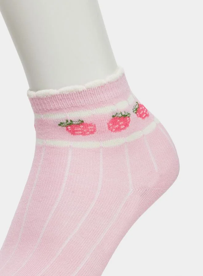 Styli Pack Of 5 - Girls Strawberry Print Ankle Socks